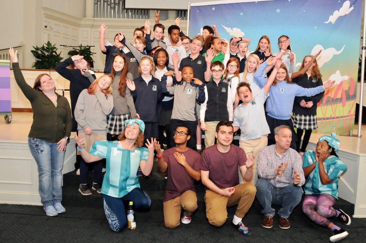 Sixth grade students pose with the cast of “A Most Outrageous Fit of Madness”.jpg